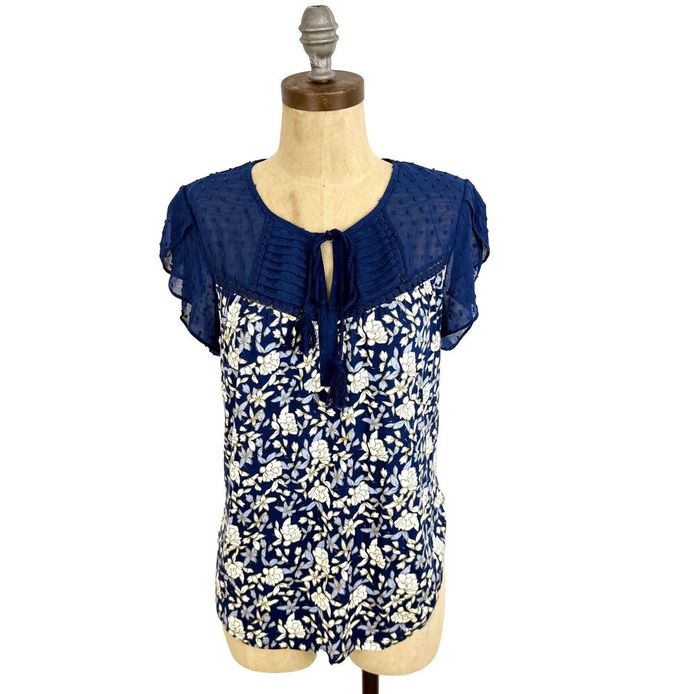 DANIEL RAINN Jarra Flutter Sleeve Tassel Knit Top PS Floral Blue Boho NWT B41
